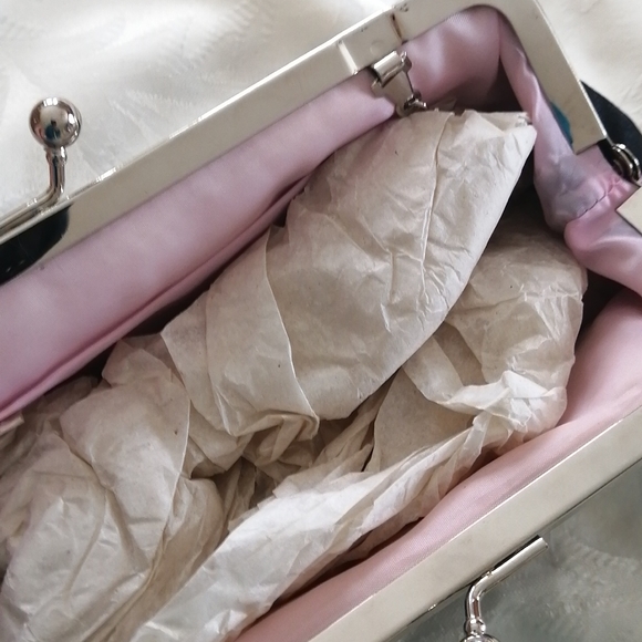 NWOT, black clutch with pink piping and silver colored chain shoulder strap - Picture 10 of 10